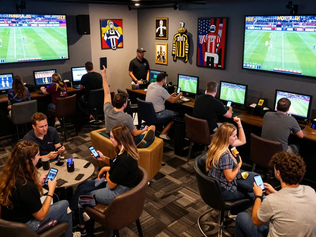 Excited fans engaging with kèo nhà cái in a lively sports betting lounge, multiple screens showing live events.