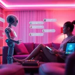 Sexting AI interaction scene with a user engaging playfully with a chatbot in a cozy living room.