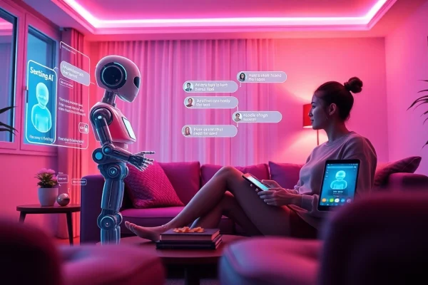 Sexting AI interaction scene with a user engaging playfully with a chatbot in a cozy living room.
