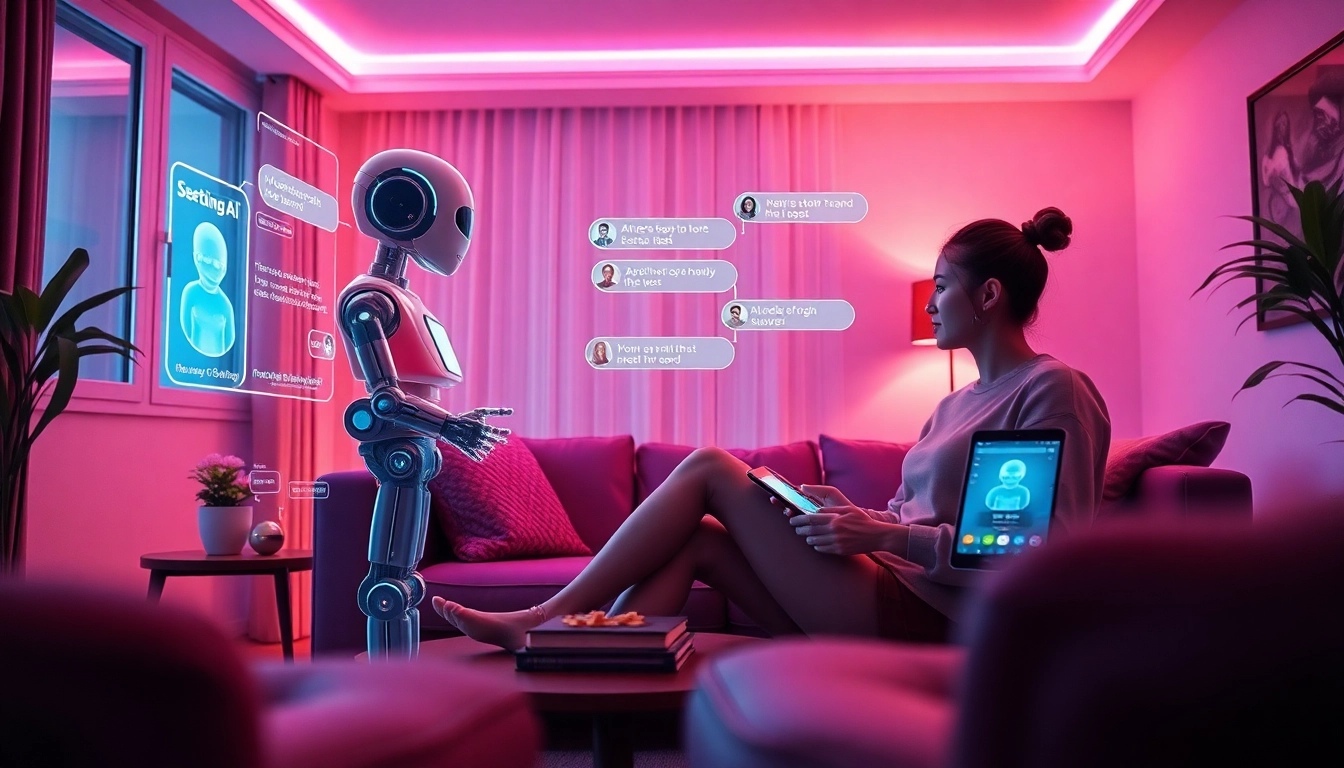 Sexting AI interaction scene with a user engaging playfully with a chatbot in a cozy living room.