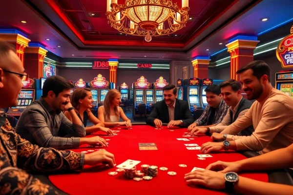Người chơi hào hứng tham gia bàn chơi JD88, trong không khí casino sống động, có chip poker và các lá bài.