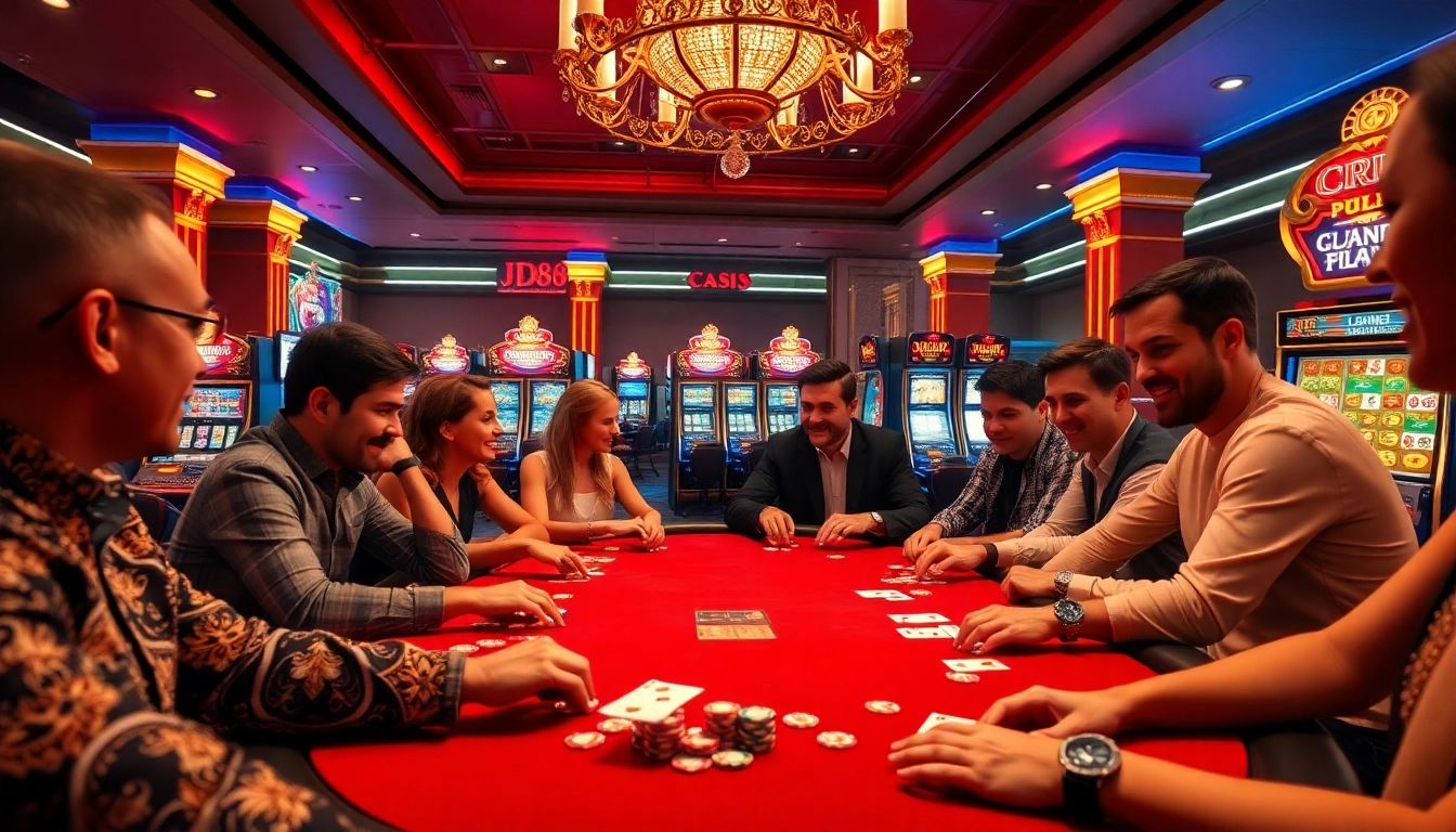 Người chơi hào hứng tham gia bàn chơi JD88, trong không khí casino sống động, có chip poker và các lá bài.