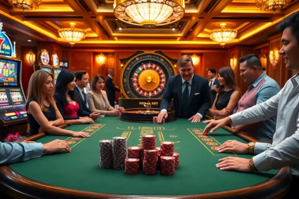 Experience luxury gaming at https://bin88.help/ with a vibrant casino scene featuring tables and excitement.