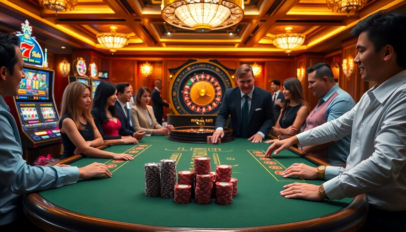Experience luxury gaming at https://bin88.help/ with a vibrant casino scene featuring tables and excitement.