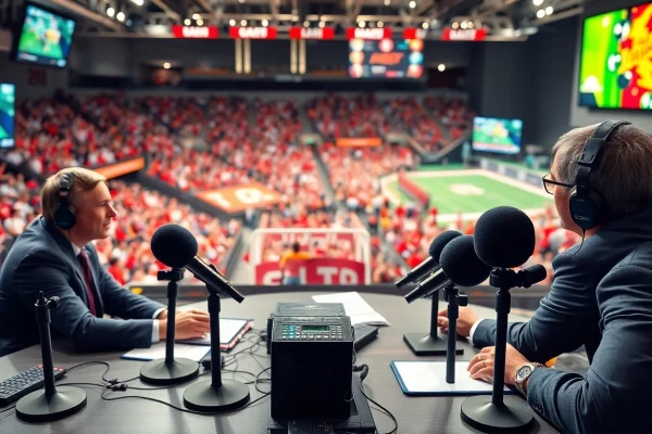 Engaging sports broadcasting hosts animatedly discussing highlights, showcasing lively audience and team spirit.
