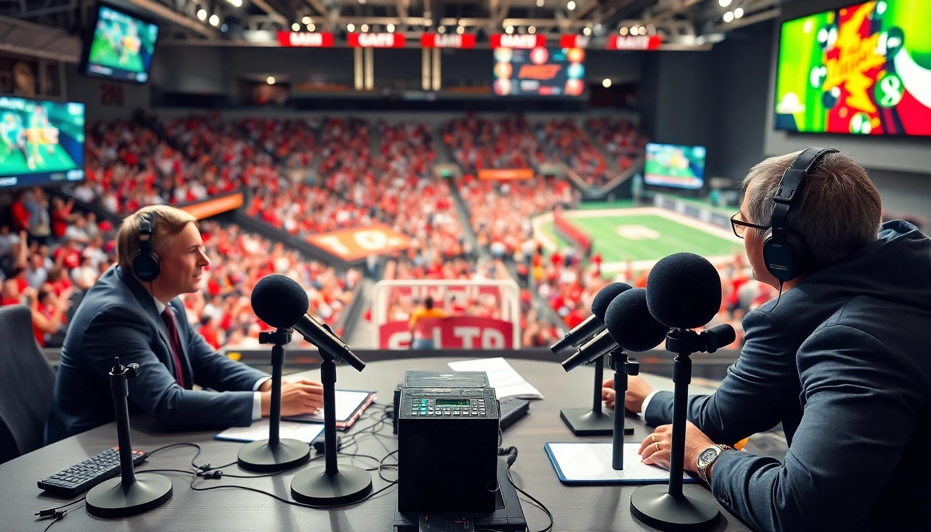 Engaging sports broadcasting hosts animatedly discussing highlights, showcasing lively audience and team spirit.