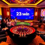 Experience the thrill of 23win with an engaging casino scene featuring roulette and lively players.