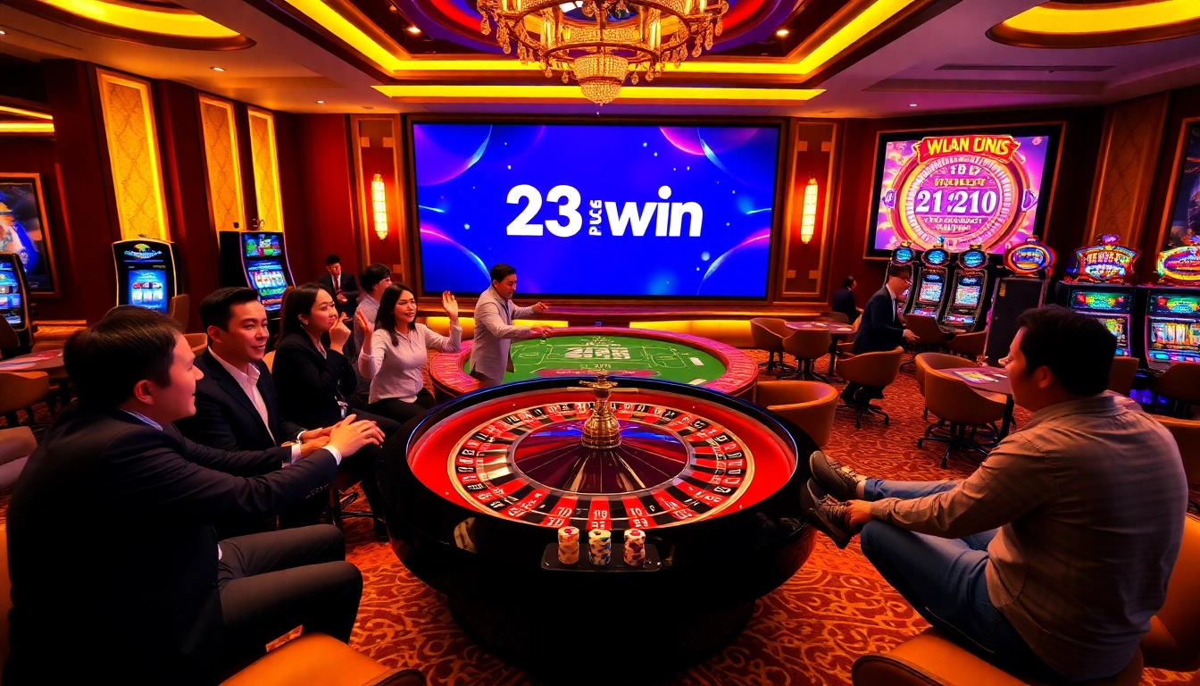 Experience the thrill of 23win with an engaging casino scene featuring roulette and lively players.