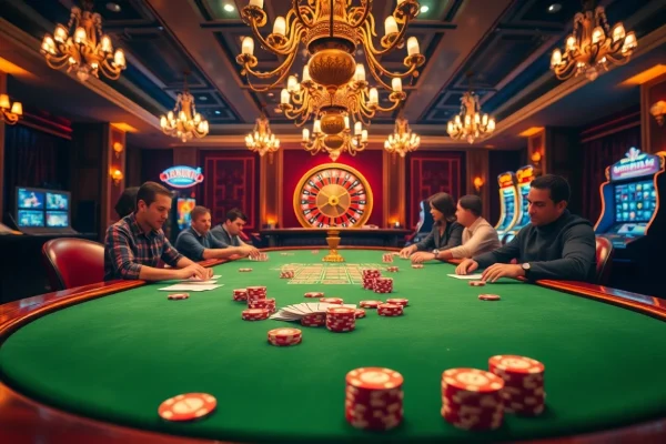 Experience the excitement of poker at https://9bet9.in.net/ with vibrant chips and cards on a luxurious casino table.