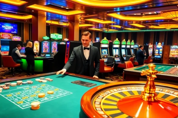 Players enjoying exhilarating games at https://nk88s.net/, featuring a roulette table and vibrant slot machines.