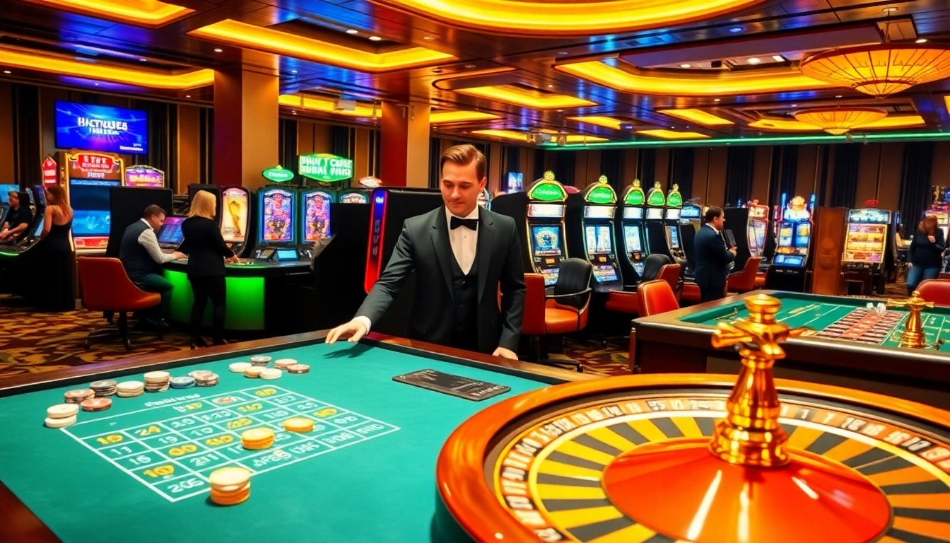 Players enjoying exhilarating games at https://nk88s.net/, featuring a roulette table and vibrant slot machines.