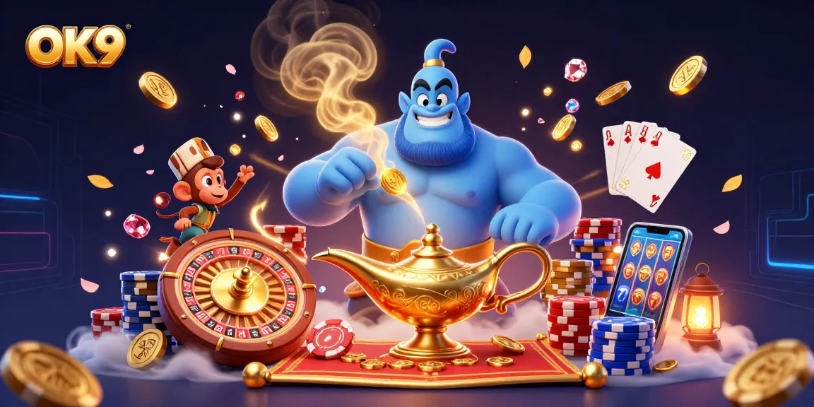 Spin the reels on OK9 with a stunning casino scene featuring a genie, poker chips, and rich treasures.