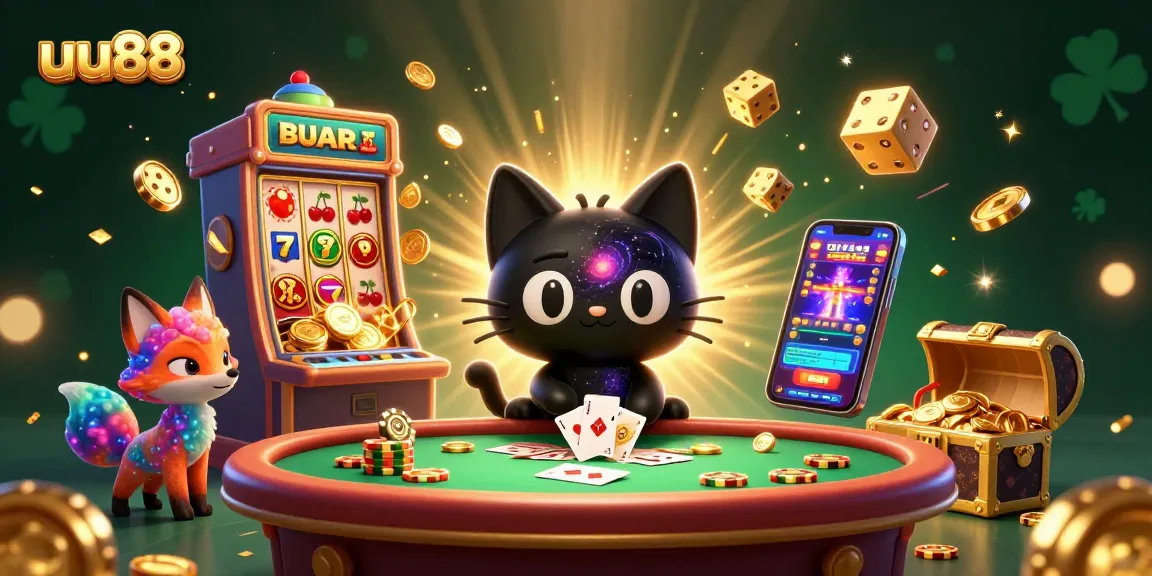 Experience thrilling games at uu88, where a cosmic casino cat attracts jackpots with golden chips and cards.