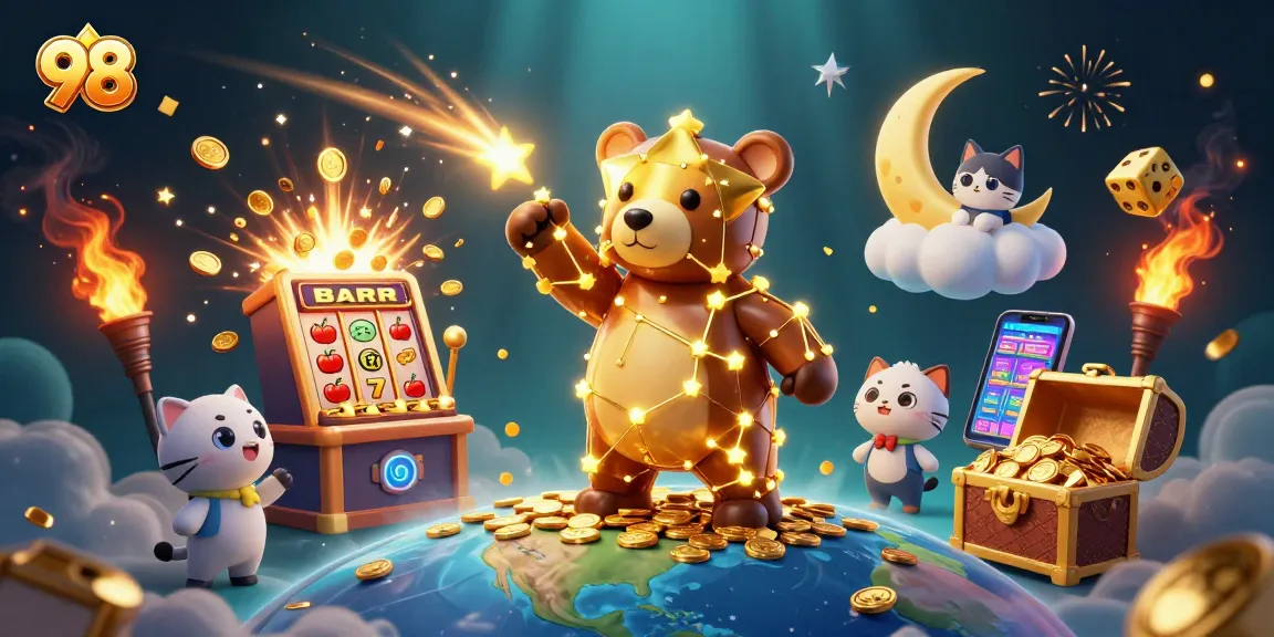 Immerse in 98's vibrant casino scene with winning slots and golden treasures while shooting star fish dash past.