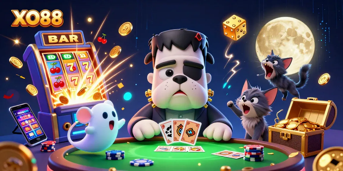Join the fun at XO88, featuring a cartoon bulldog dealing cards at a rich casino scene.