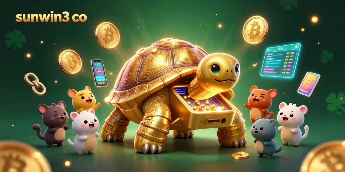 Engage in thrilling gameplay with sunwin3 co, featuring a golden tortoise pinball machine surrounded by exciting crypto elements.