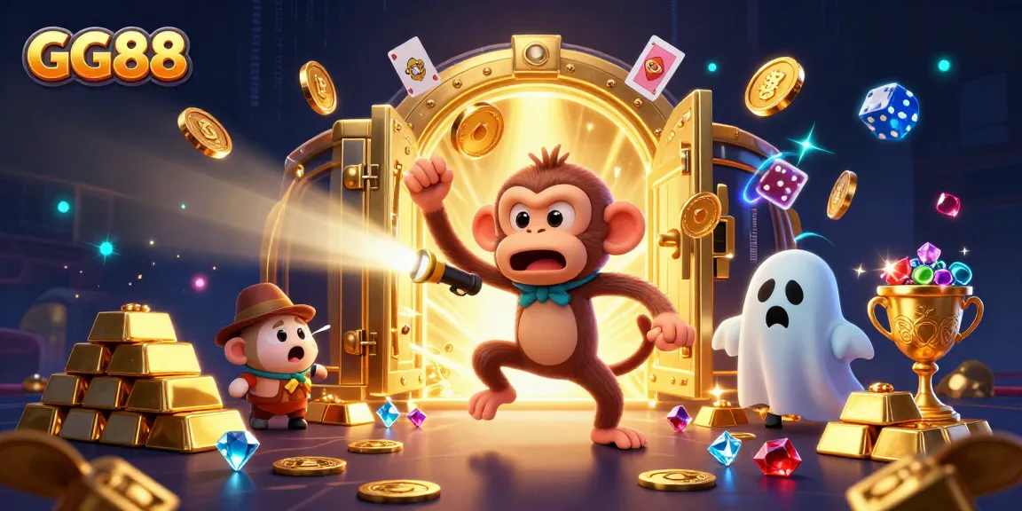 Experience the magic of GG88 with a playful monkey and curious puppy in a lively haunted casino.