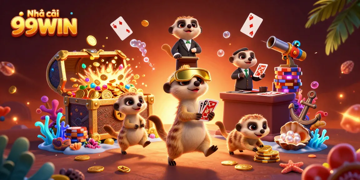 Experience the thrill at Nhà cái 99WIN with vibrant meerkats managing a playful casino.