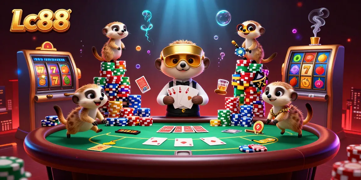 Experience the excitement at Lc88 with playful meerkats at a vibrant casino, showcasing poker and slot games.