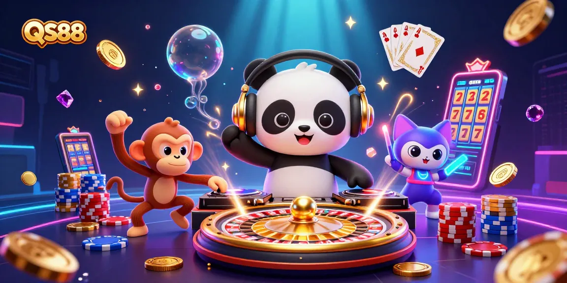 Engage in thrilling gambling action with QS88's vibrant 3D illustration of a DJ panda and gaming elements.