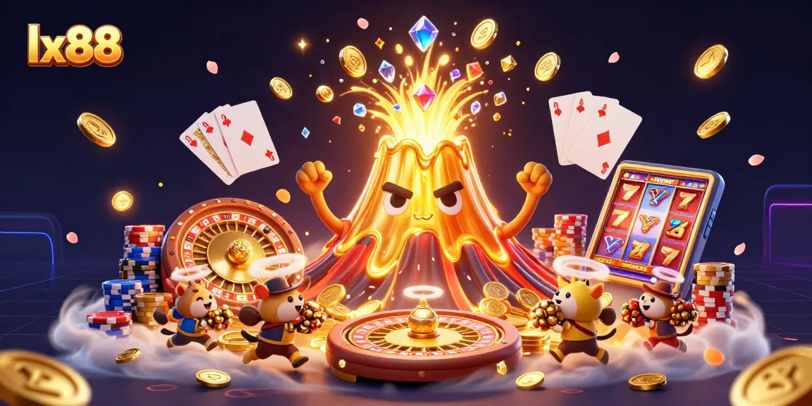 Experience thrilling wins at lx88 with vibrant, dynamic casino elements in this 3D illustration.