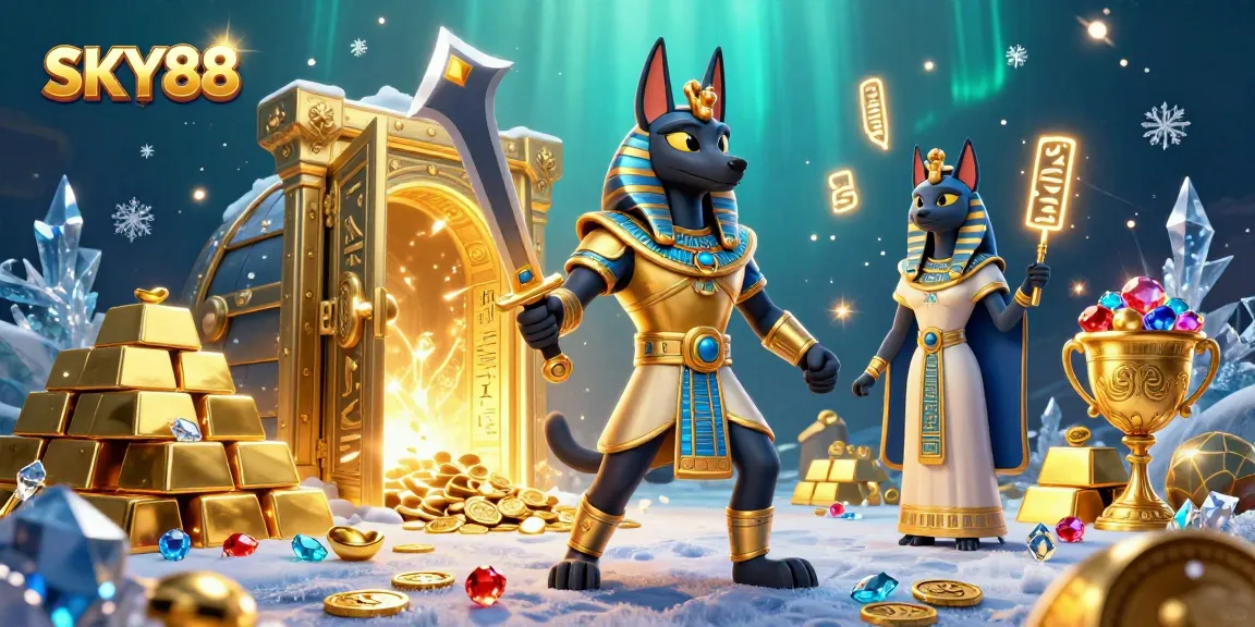 Engage with SKY88's thrilling gaming experience featuring Anubis and Bastet surrounded by treasures.