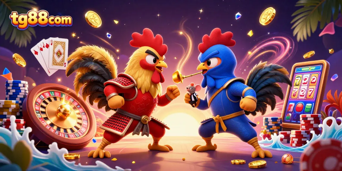 Experience thrilling action at tg88com with dynamic 3D illustrations of rooster battles amidst a vibrant casino atmosphere.