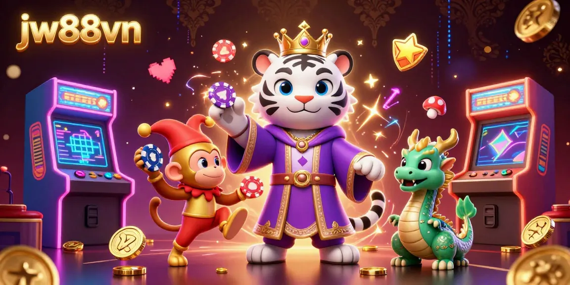 Experience thrilling gameplay at jw88vn with an animated scene featuring a tiger, monkey, and vibrant casino elements.