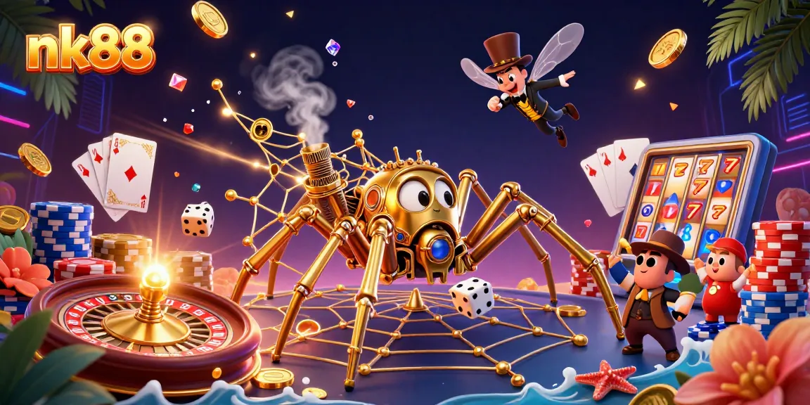 Engage with nk88's vibrant gaming experience featuring a steampunk spider entwined in jackpot excitement.
