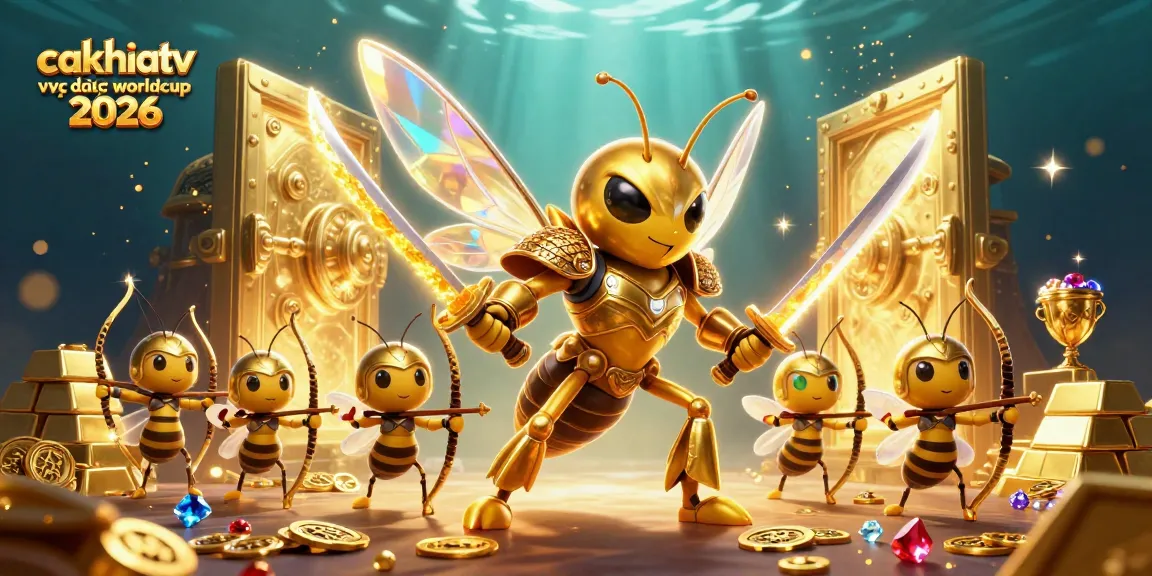 CakhiaTV trực tiếp worldcup 2026 presents a vibrant illustration of a hornet samurai and bee archers amidst gold treasures.