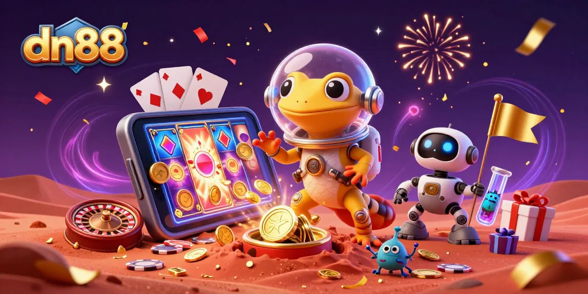 Win big at dn88 with a vibrant 3D casino adventure featuring a Martian gecko and exciting gaming elements.