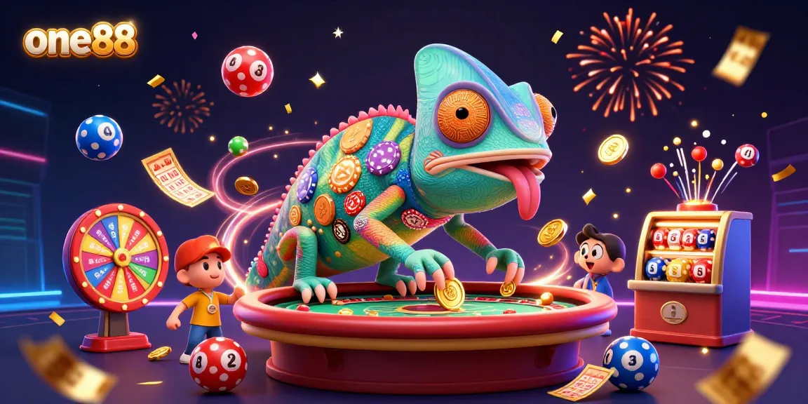 Engage with one88's vibrant casino scene featuring colorful elements and an interactive chameleon character.