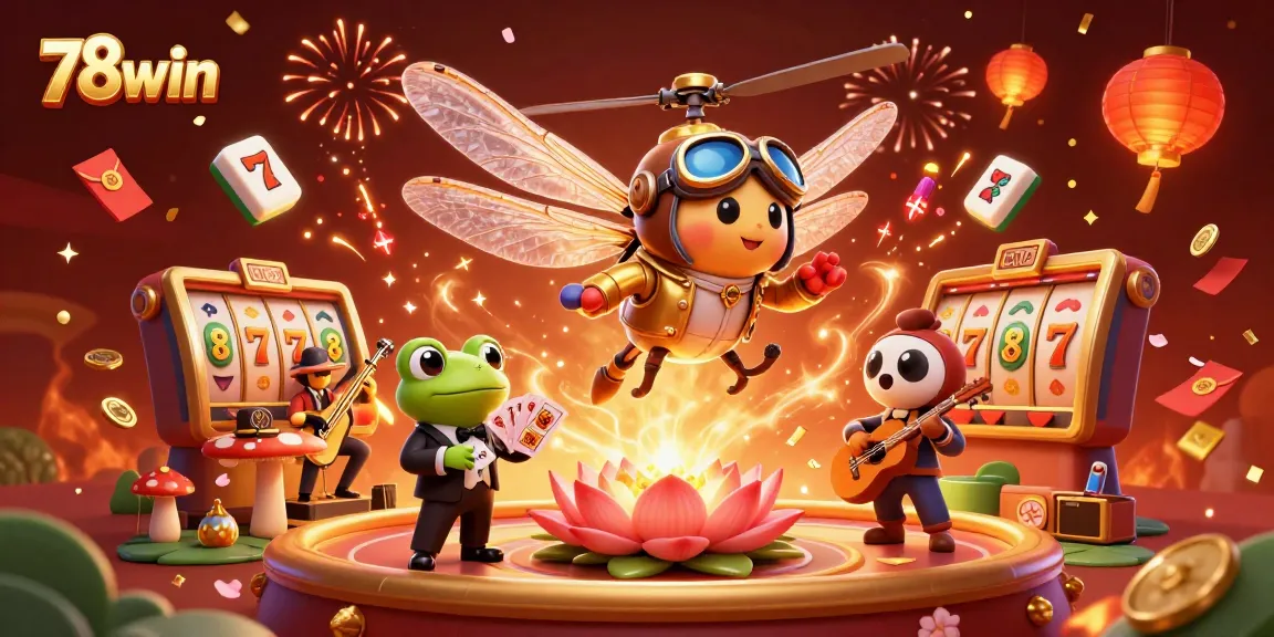 Experience thrilling slots at 78win with a vibrant dragonfly pilot and a frog croupier in a festive casino.