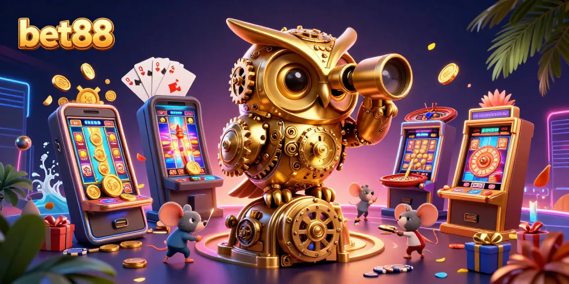 Experience big wins with bet88's captivating casino scene featuring a golden owl, vibrant games, and exciting vibes.